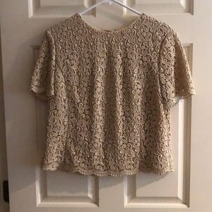 Talbots gold lace lined top with fabric covered buttons on back. Size 10